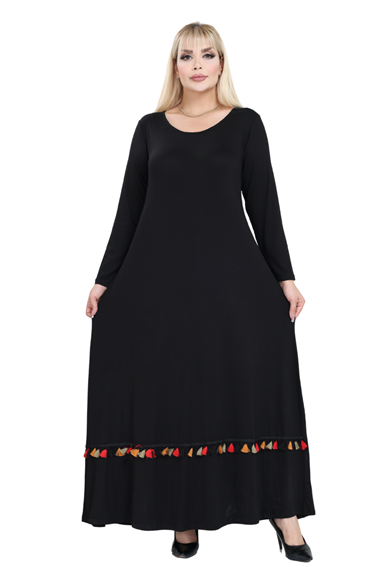 Melsay Butik Siyah Renkli Püskül Detaylı Uzun Elbise