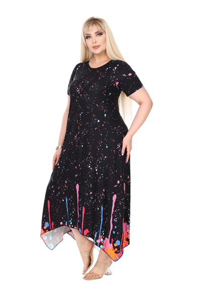 Melsay Butik Siyah Renkli Reflektör Desen Asimetrik Kısa Kollu Elbise