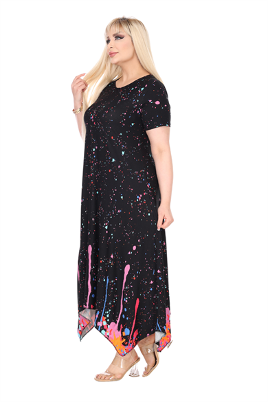 Melsay Butik Siyah Renkli Reflektör Desen Asimetrik Kısa Kollu Elbise