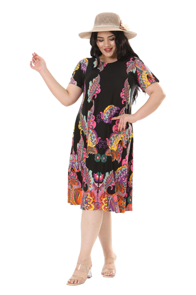 Melsay Butik Siyah Şal Desen Kısa Kollu Büyük Beden Midi Elbise