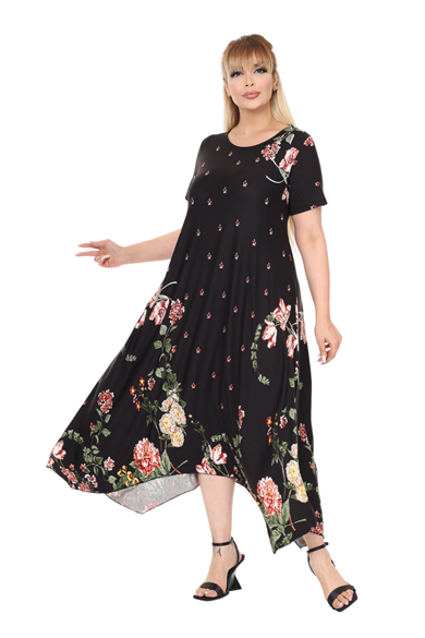 Melsay Butik Siyah Sulu Pembe Çiçek Desen Asimetrik Kısa Kollu Elbise