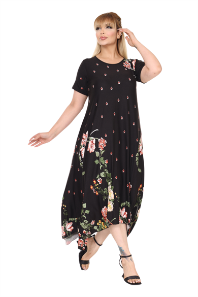 Melsay Butik Siyah Sulu Pembe Çiçek Desen Asimetrik Kısa Kollu Elbise