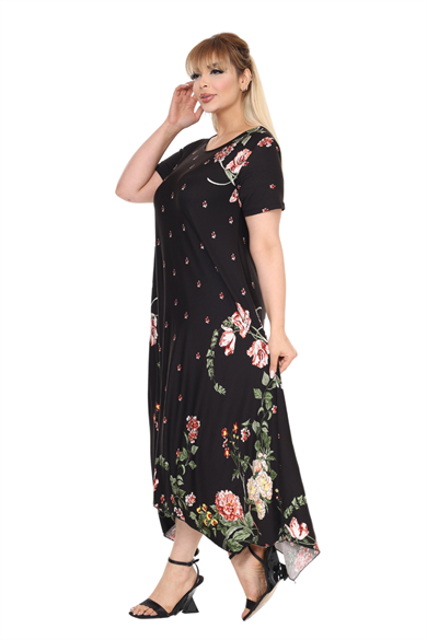 Melsay Butik Siyah Sulu Pembe Çiçek Desen Asimetrik Kısa Kollu Elbise