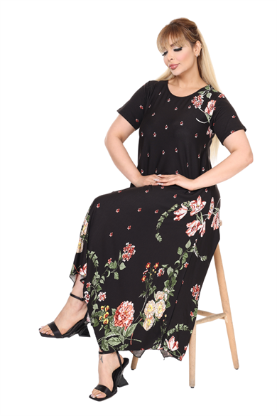 Melsay Butik Siyah Sulu Pembe Çiçek Desen Asimetrik Kısa Kollu Elbise