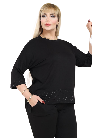 Melsay Butik Siyah Taş Baskı Şeritli Büyük Beden Kadın Kapri Takımı