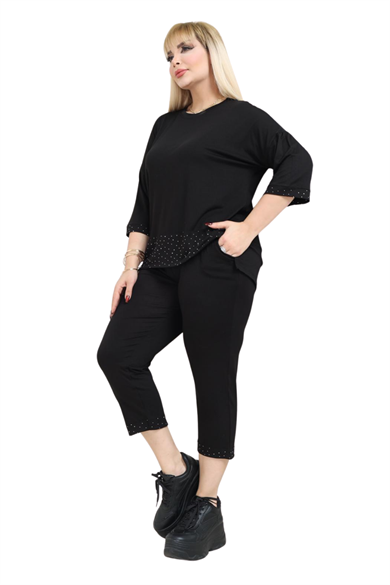 Melsay Butik Siyah Taş Baskı Şeritli Büyük Beden Kadın Kapri Takımı