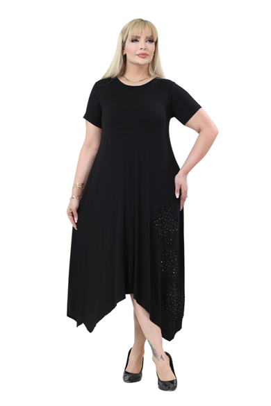 Melsay Butik Siyah Taş Baskılı Asimetrik Kısa Kollu Elbise