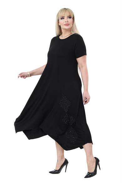 Melsay Butik Siyah Taş Baskılı Asimetrik Kısa Kollu Elbise