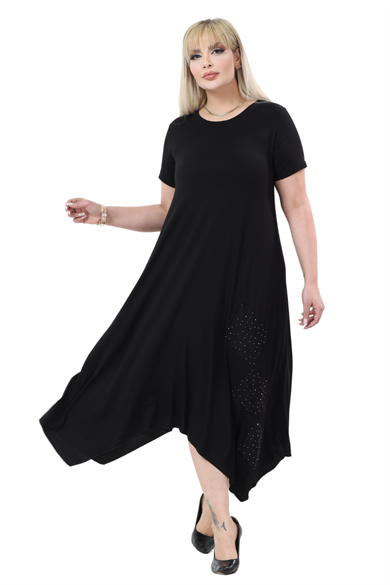 Melsay Butik Siyah Taş Baskılı Asimetrik Kısa Kollu Elbise