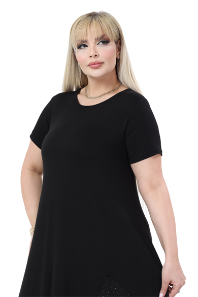 Melsay Butik Siyah Taş Baskılı Asimetrik Kısa Kollu Elbise