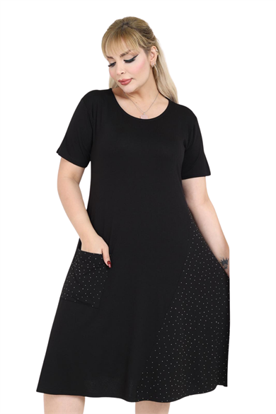 Melsay Butik Siyah Taş Baskılı Çapraz Cepli Kısa Kol Midi Elbise