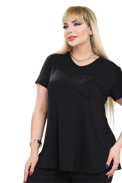 Melsay Butik Siyah Taş Baskılı Cepli Büyük Beden Kadın Kapri Takımı