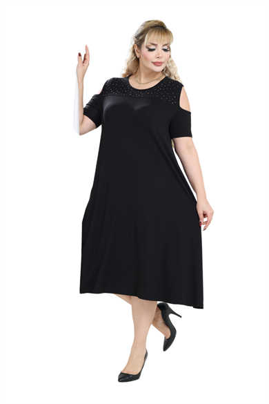 Melsay Butik Siyah Taş Baskılı Omuzu Açık Midi Elbise