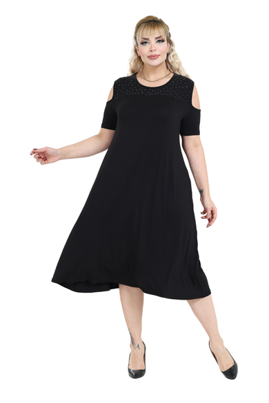 Melsay Butik Siyah Taş Baskılı Omuzu Açık Midi Elbise