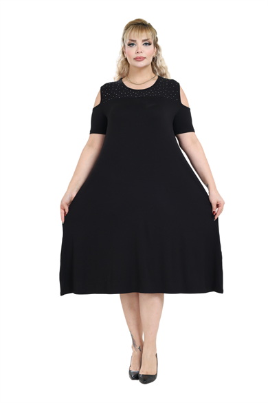 Melsay Butik Siyah Taş Baskılı Omuzu Açık Midi Elbise