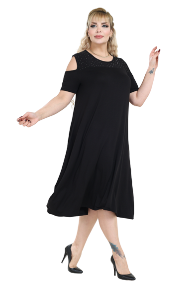 Melsay Butik Siyah Taş Baskılı Omuzu Açık Midi Elbise