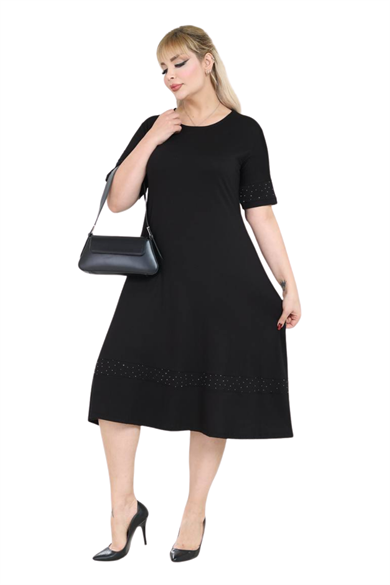 Melsay Butik Siyah Taş Baskılı Şerit Kısa Kollu Midi Elbise