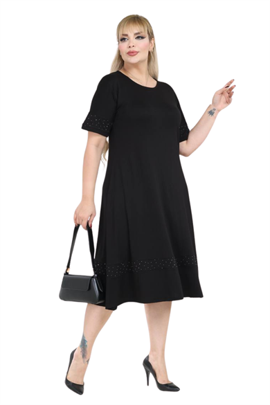 Melsay Butik Siyah Taş Baskılı Şerit Kısa Kollu Midi Elbise