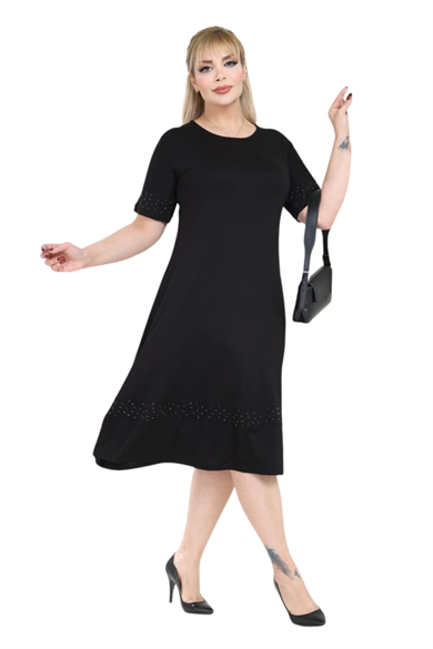 Melsay Butik Siyah Taş Baskılı Şerit Kısa Kollu Midi Elbise