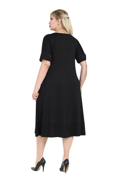 Melsay Butik Siyah Taş Baskılı Şerit Kısa Kollu Midi Elbise