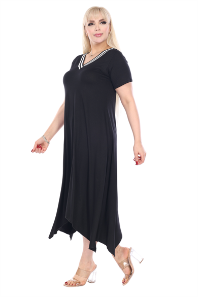 Melsay Butik Siyah V Yaka Yakası Şeritli Asimetrik Kısa Kollu Elbise