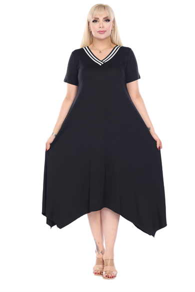 Melsay Butik Siyah V Yaka Yakası Şeritli Asimetrik Kısa Kollu Elbise