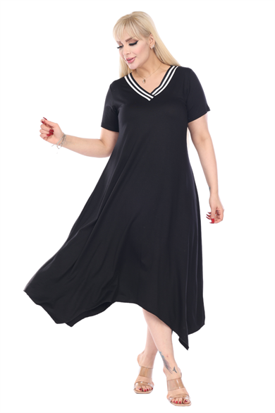 Melsay Butik Siyah V Yaka Yakası Şeritli Asimetrik Kısa Kollu Elbise
