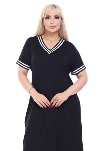 Melsay Butik Siyah Yakası Şeritli V Yaka Midi Elbise