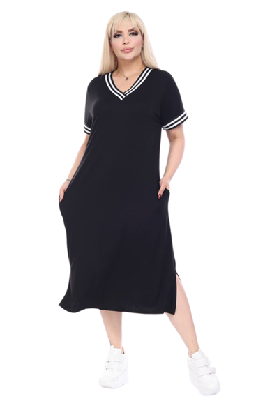 Melsay Butik Siyah Yakası Şeritli V Yaka Midi Elbise
