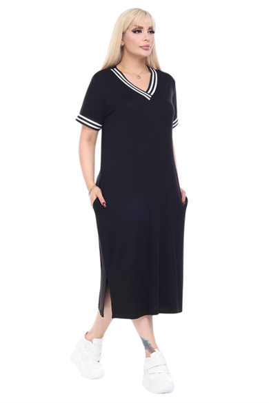 Melsay Butik Siyah Yakası Şeritli V Yaka Midi Elbise