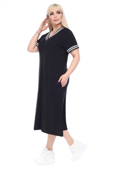 Melsay Butik Siyah Yakası Şeritli V Yaka Midi Elbise
