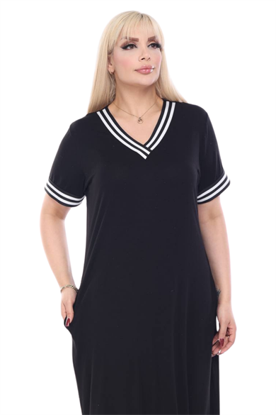 Melsay Butik Siyah Yakası Şeritli V Yaka Midi Elbise