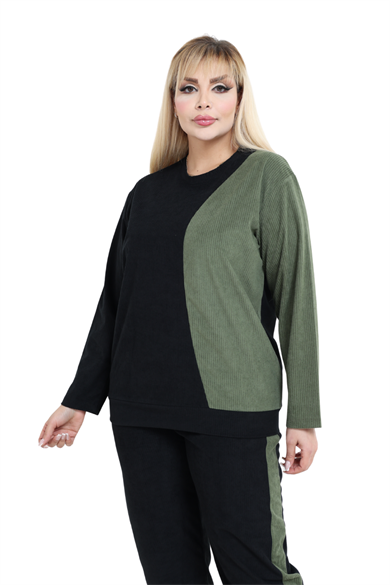 Melsay Butik Siyah Yeşil Fitilli Kadife Yarım Garni Kadın Eşofman Takımı