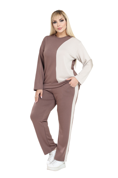 Melsay Butik Taba Ekru Renk Bloklu Modal Kadın Eşofman Takımı