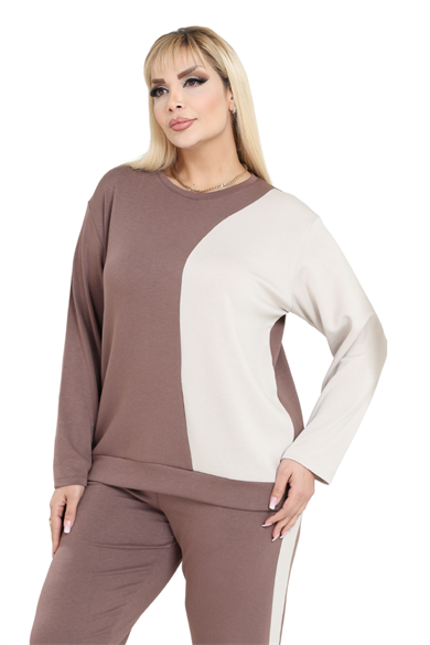 Melsay Butik Taba Ekru Renk Bloklu Modal Kadın Eşofman Takımı