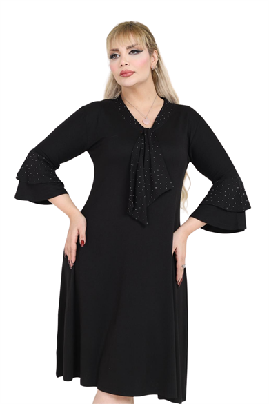Melsay Butik Taş Baskılı Fularlı Siyah Truvakar Kol Kadın Midi Elbise