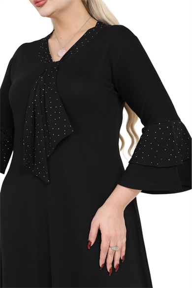 Melsay Butik Taş Baskılı Fularlı Siyah Truvakar Kol Kadın Midi Elbise