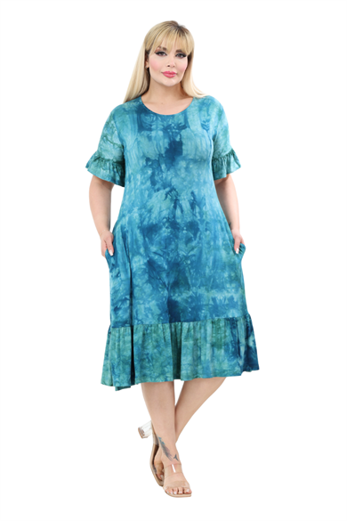 Melsay Butik Turkuaz Batik Yıkamalı Kısa Kollu Fırfırlı Cepli Kadın Midi Elbise