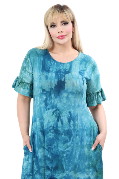 Melsay Butik Turkuaz Batik Yıkamalı Kısa Kollu Fırfırlı Cepli Kadın Midi Elbise