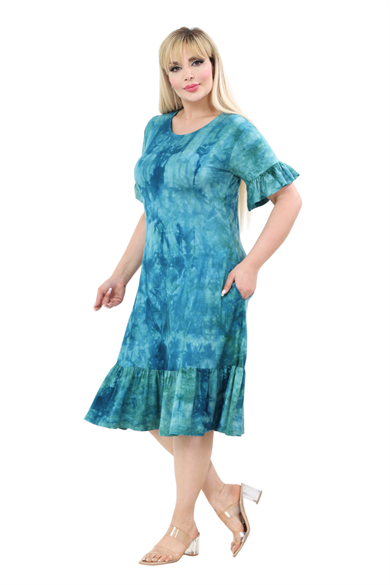 Melsay Butik Turkuaz Batik Yıkamalı Kısa Kollu Fırfırlı Cepli Kadın Midi Elbise
