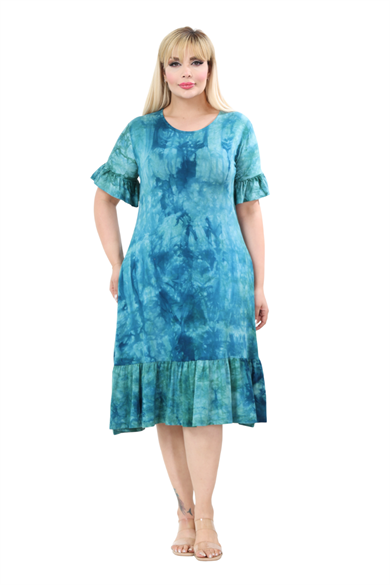 Melsay Butik Turkuaz Batik Yıkamalı Kısa Kollu Fırfırlı Cepli Kadın Midi Elbise