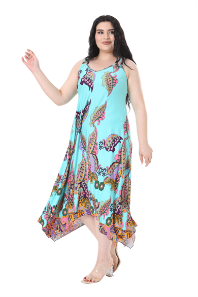 Melsay Butik Turkuaz Renkli Şal Desenli Askılı V Yaka Elbise
