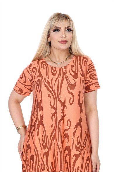 Melsay Butik Turuncu Eteği Çizgili Desen Asimetrik Kısa Kollu Elbise