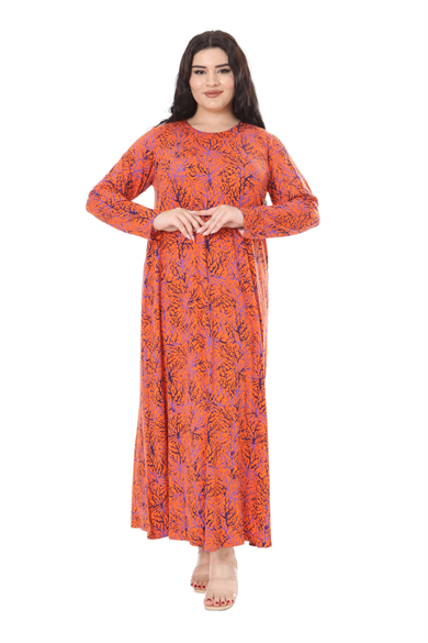 Melsay Butik Turuncu İnce Mercan Desen Uzun Kollu Kadın Elbise