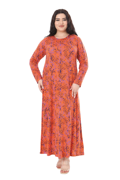 Melsay Butik Turuncu İnce Mercan Desen Uzun Kollu Kadın Elbise