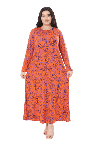 Melsay Butik Turuncu İnce Mercan Desen Uzun Kollu Kadın Elbise