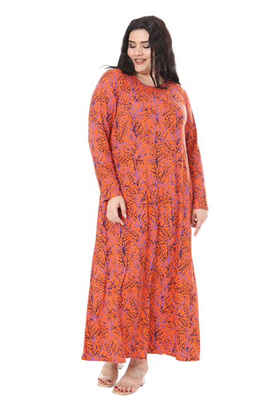 Melsay Butik Turuncu İnce Mercan Desen Uzun Kollu Kadın Elbise