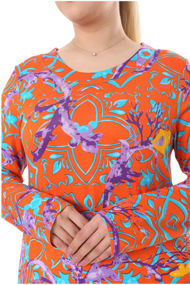 Melsay Butik Turuncu Retro Desen Uzun Kollu Kadın Elbise