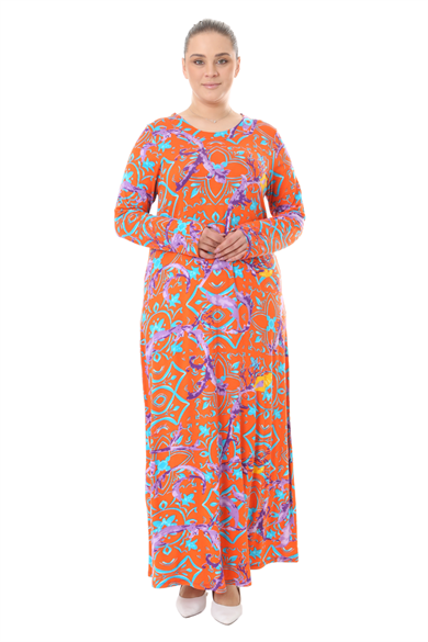 Melsay Butik Turuncu Retro Desen Uzun Kollu Kadın Elbise