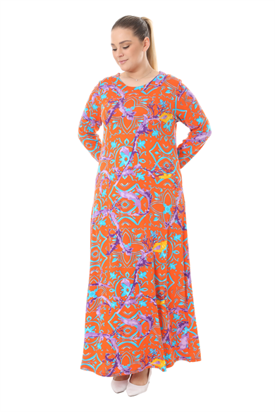 Melsay Butik Turuncu Retro Desen Uzun Kollu Kadın Elbise